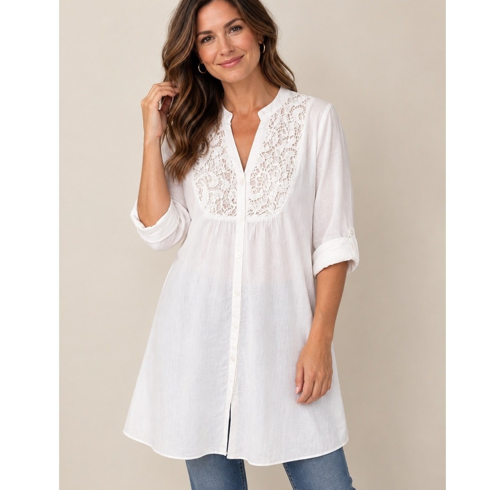 Mirror Image Tunic Women M White Excellent Cotton Lace Crochet Roll Tab Sleeve